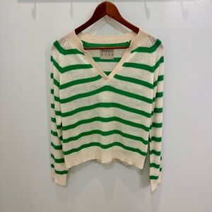 Jumper 1234 100% Cashmere Green & Cream Striped V-Neck Sweater Size 1 (Small)